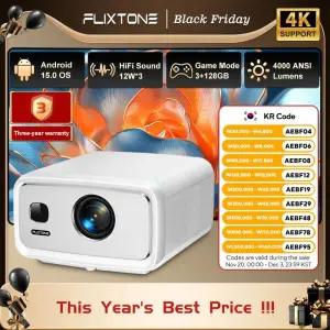 빔프로젝터 플릭스톤 D10S 4000 안시 풀 HD 프로젝터 4K 와이파이 안드로이드 15 3G 128G 게임 데이터 쇼