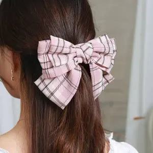 [에이치플러스몰]TBZ 왕리본 빈티지체크 헤어핀 자동 묶음핀