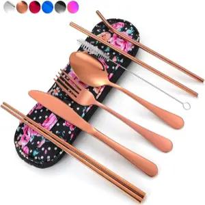 여행 도구 재사용 가능한 은식기 세트 도시락용 방수 휴대용 케이스 포함 직장 캠핑 피크닉 로즈골드