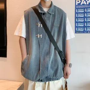 데님 청 남자조끼 다운 조끼 항공기 버클 스타일 민소매 자켓 원템5