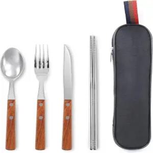 케이스 4팩 나무 손잡이 스테인리스 재사용 가능한 여행용 식기 세트 포크 스푼 나이프 플랫웨어 캠핑
