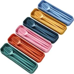 Tneene 6팩 밀짚 식기 휴대용 여행 도구 스푼 포크 나이프 사무실 점심 캠핑용 케이스 포함 재사용 가능한