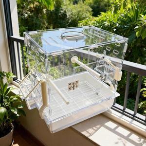 투명 아크릴 소형 새장 앵무새 베둘리 러브버드용 - 이동식 새집 먹이통  손 세척