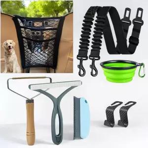 반려견 자동차 여행 키트 반려동물 안전벨트 2개 카넷 배리어 털 제거기 3개 접이식 물그릇 및 헤드레스트