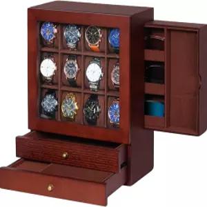남성용 대형 시계 상자 선글라스 목걸이용 측면 서랍이 있는 12슬롯 디스플레이 케이스 보석 반지용 하단