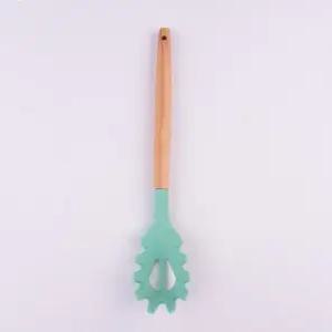 나무 손잡이 파스타 포크 스푼 12.4 실리콘 스파게티 푸드 등급 면 BPA 프리 스트레이너 서버 다크 그린