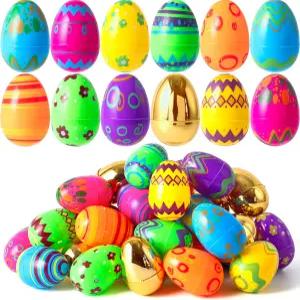 JOYIN 24개 3.15인치 컬러풀한 인쇄 달걀에는 부활절 사냥을 위한 황금색 플라스틱 충전재 빈 8개 바구니