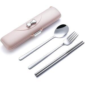 데비코 여행용 식기 세트 케이스, 휴대용 도시락 세트, 재사용 가능한 캠핑 학교 피크닉용 스테인리스 스틸 식기, 식기세척기 안전(핑크색)