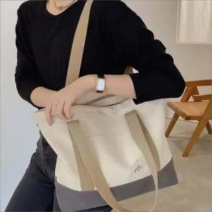 여성 배색 숄더백 캔버스 에코백 지퍼 경량 쇼퍼백 가방