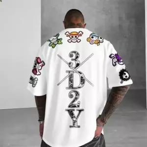 캐릭터 애니 티셔츠 반팔 티 셔츠 원피스 애니메이션 해골 프린트 남성 여름 그래픽 스트릿웨어 힙합 패션