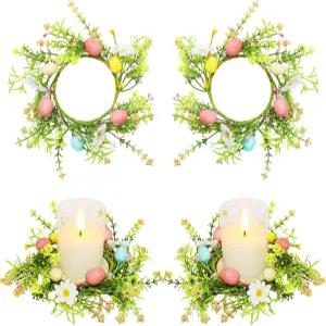 데이지 플라워 스프링 와 파스텔 피플 베리 캔들 링 홀더가 포함된 4팩 부활절 달걀 화환 4인치 홀리데이