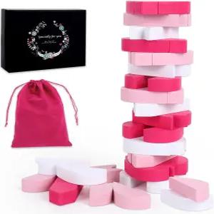 JarThenaAMCS 45개 발렌타인데이 나무 블록 타워 게임 핑크 화이트 하트 보관 가방 선물 상자 텀블링