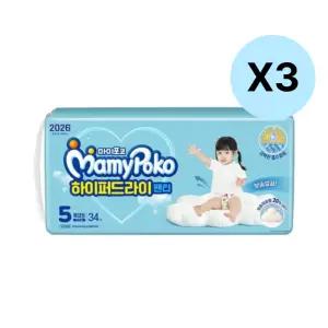 마미포코 팬티 기저귀 특대형 여아용 5단계 34매 3팩