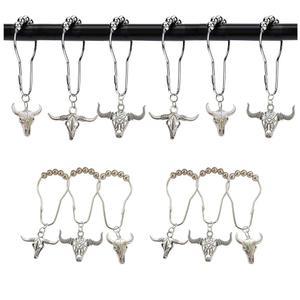 카우 샤워 커튼 후크 링, 12개의 녹슬지 않는 스테인리스 스틸 황소 해골 펜던트 액세서리, 서부 야생동물 농가 소박한 농장 스타일 장식 홈 욕실