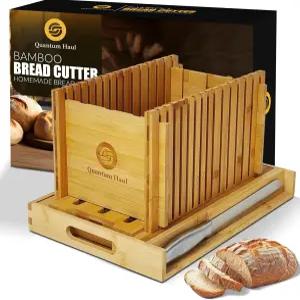 고급 스테인리스 스틸 나이프가 있는 대나무 빵 슬라이서 크럼 트레이 브러시 및 파우치가 조절 가능한