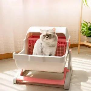 반자동 고양이 화장실 청소 용이 대형 모래 방지 애완동워터 용품 냄새 차단 이중층 화장실