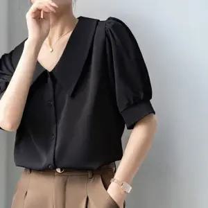여성 여름 오피스룩 면접 반팔 쉬폰 고급스런 프렌치 셔츠 블라우스 베이비 톱 넥 정장 브이 스포M2
