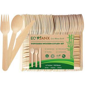 ECOSANX 120개 일회용 나무 식기 세트 6.5인치 파티용 스플린터 프리 퇴비화 식기, , 피크닉용 100% 천연 대나무 세트, 이벤트용