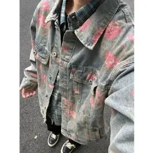 샤오원샵 빈티지 남자 데님 재킷 프린트 코트 춘추 그래피티 키작남 긴팔 상의 레터링 청자켓 꾹3