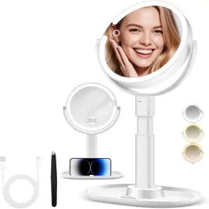 조명이 있는 20배/1배 확대 메이크업 미러 3가지 색상 밝기 조절 가능한 양면 홈 베니티 360 회전 높이