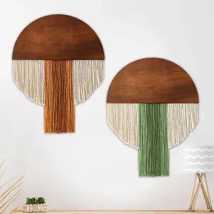 수텡 2개의 마크라메 벽걸이 보헤미안 스타일의 반원 나무 보드 프린지 태피스트리 보호 데코 벽