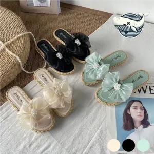 진주 리본 여성 슬리퍼 편안한 여름 예쁜 여행 샌들 바캉스 사무실 실내화 여자슬리퍼