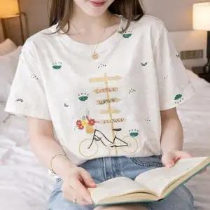 데일리 귀여운 스타일 자수 포인트 반팔 티셔츠 여성 여름 외출
