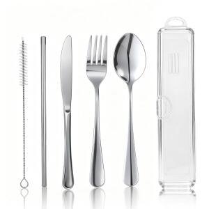 여행용 캠핑 식기 포함 스푼 실버웨어 스테인리스 스틸 재사용 커틀러리 세트 케이스 가능한