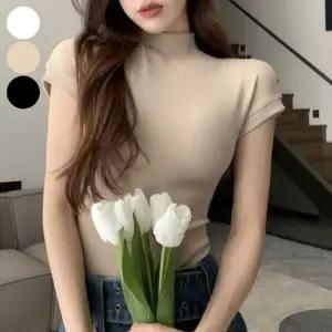 반팔 스타일 반목 반폴라 반팔티 슬림 캡소매 여성