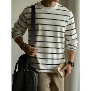 남친 면 캐주얼 빈티지 가을 스트라이프 맨투맨 넥 긴팔 혼방 골지 긴팔티 MF3