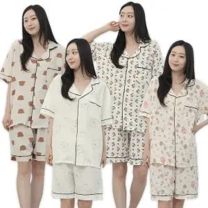 여성 포포면 반팔 파자마 상하세트 곰돌이 여름 잠옷 단추 카라 밴딩 반바지 홈웨어 여성용 학생 주니어 빅사이즈 77 넉넉