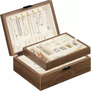 여성용 후브로 나무 주얼리 박스 탈착식 트레이가 있는 2단 정리함 목걸이 반지 팔찌 시계 호두 BH29JB04용
