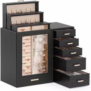 홈데 대형 주얼리 박스/정리함/유리창이 있는 케이스 목걸이용 서랍 귀걸이 반지 팔찌 시계 여성용 선물