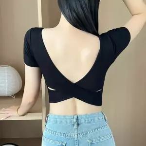 3색 슬림핏 반팔티셔츠 백리스 크롭티 캡내장 여성 스퀘어넥