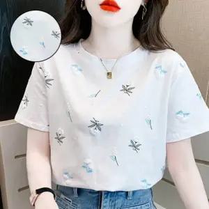 입체꽃 여성티셔츠 여성 여름 여자여름니트티 루즈핏 롱티셔츠 푸른 크롭티