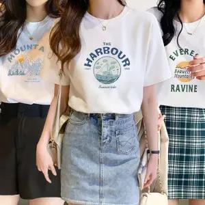 여성 면 프린팅 레터링 여름 흰 반팔 티 셔츠 흰색 여름 여자 흰티 프린트 반팔티 라운드 여성 루즈핏