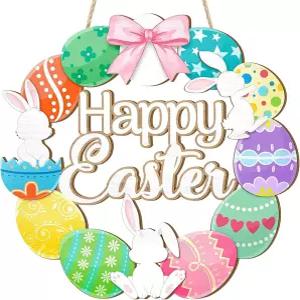 현관문을 위한 부활절 달걀 화환 표지판 알록달록한 알 속이 빈 나무 홈샵 가든을 행복한 간판 장식