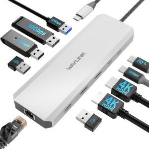 노트북 도킹 스테이션 듀얼 HDMI가 탑재된 WAVLINK 10Gbps 100W PD 입력 USB-A /C 3.2 5Gbps USB2.0 Dell / /Lenovo 등용 기가비트 이더넷 Windows Systerm 컴퓨터 전용