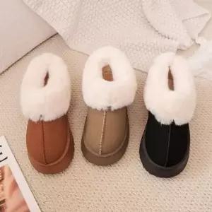 여성 인조 스웨이드 퍼 슬립온 발목부츠 통굽 플랫폼 3색