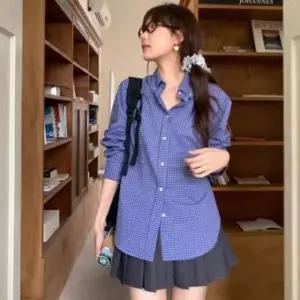 여성 러블리 모리걸 루즈핏 잔체크 긴팔 남방 셔츠