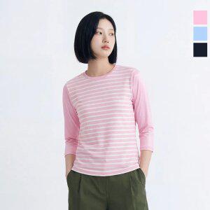 웨스트우드 여성 스트라이프 7부 라운드 티셔츠_WO2WCTR428