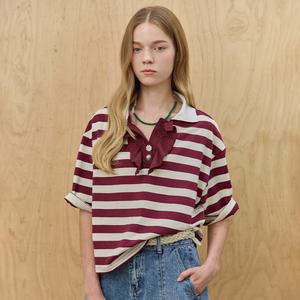 [MAXZA] 프릴 카라 플라워 버튼 스트라이프 티셔츠