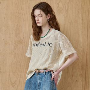 [MAXZA] 플라워 레터링 네트 배색 블라우스 티셔츠