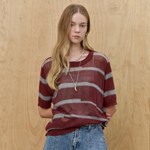 [MAXZA] 시스루 네트 스트라이프 라운드넥 반팔 니트