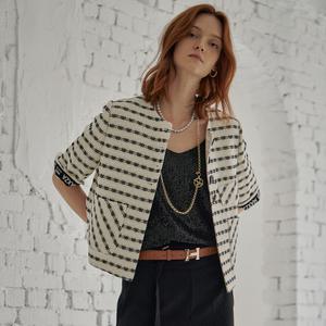 [MAXZA] 스트라이프 레이스 반팔 크롭 자켓