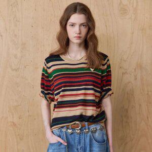 [MAXZA] 멀티 스트라이프 패턴 라운드넥 반팔 니트