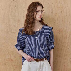 [MAXZA] 시어서커 스트라이프 세일러 카라 블라우스