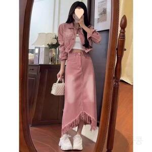핑크 청청셋업 여자 세트 봄 스커트투피스 여성 연청 롱 크롭 데님 청청패션 진청 여