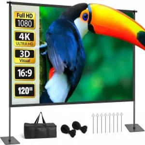 스탠드가 있는 프로젝터 화면 120인치 실내 실외 휴대용 프로젝션 키트 올 메탈 프레임 주름 없음 홈