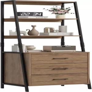 BOTLOG 산업 사다리 책장 3개의 패브릭 수납 서랍 4단 거실 현관 사무실 러스틱 브라운을 위한 스탠드 선반